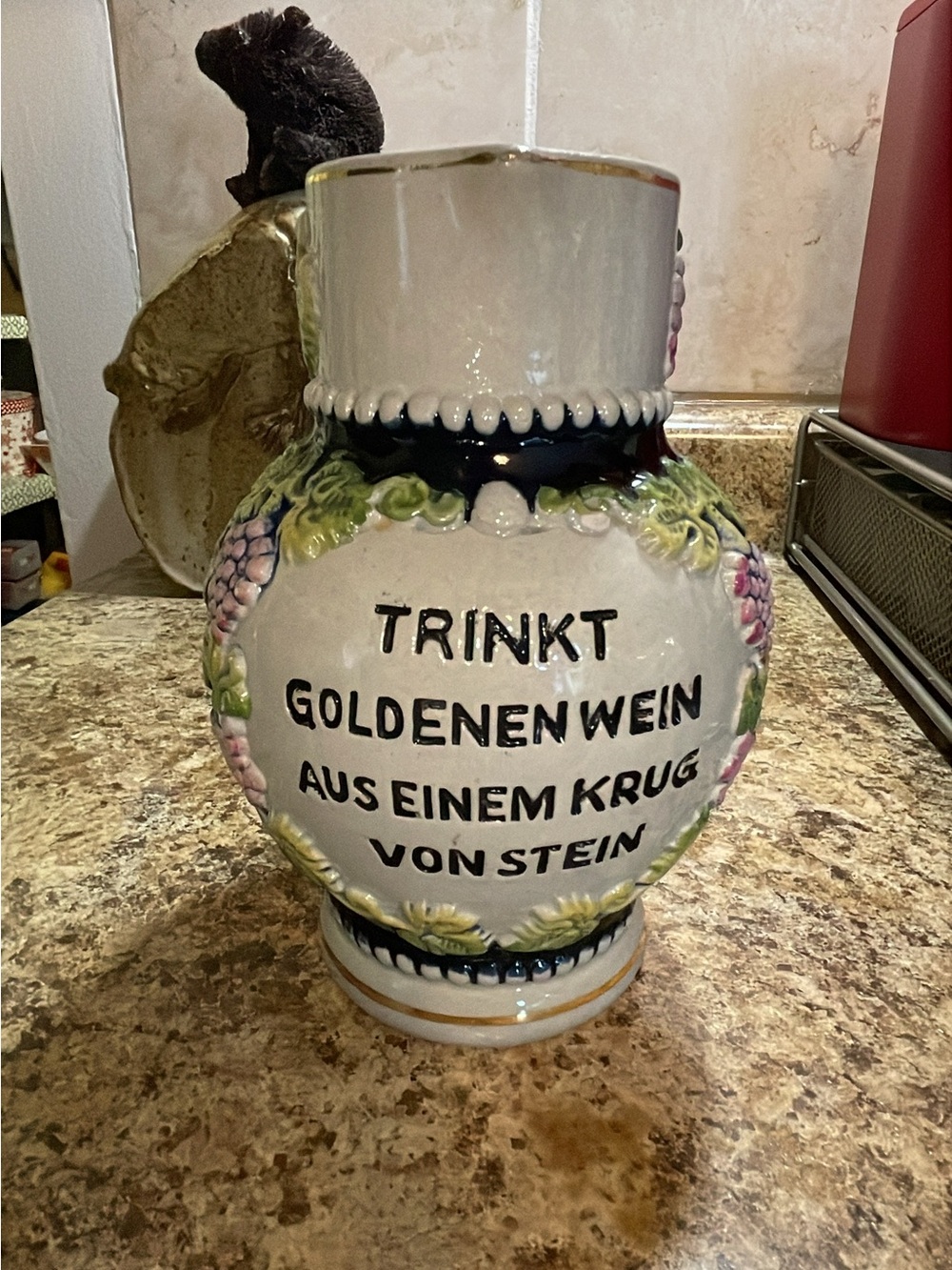 Vintage German Ceramic Stein Vase in White, Green, Pink